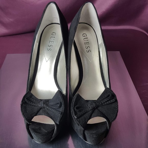 Guess Black Platform Peep Toe Bow Heels 6.5 Fabric - Picture 10 of 11